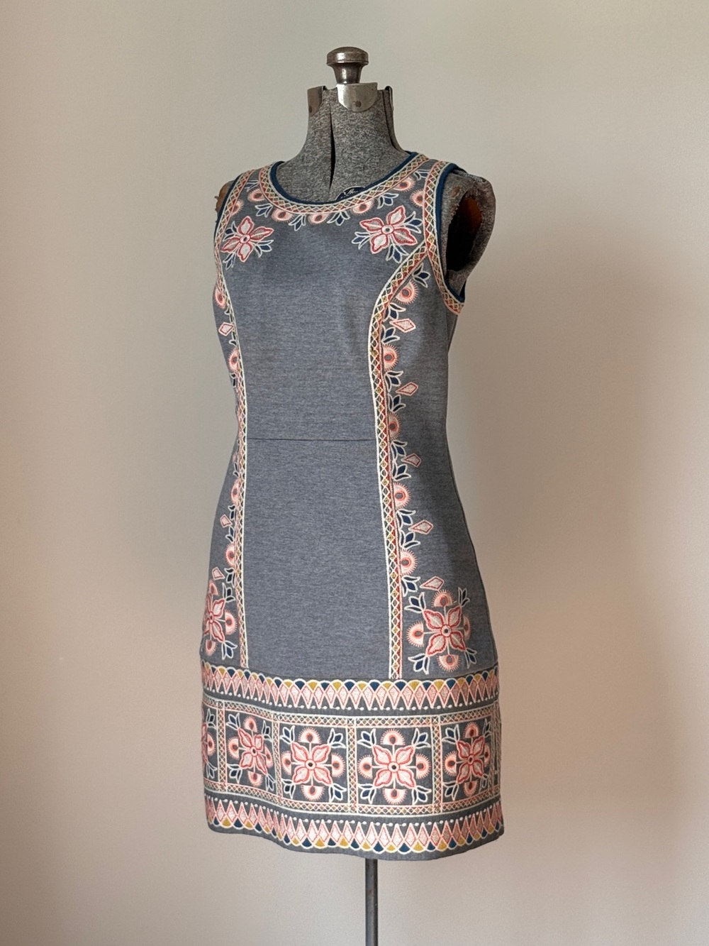 Maeve Sleeveless Gray Mini Dress with Pink Floral Embroidery